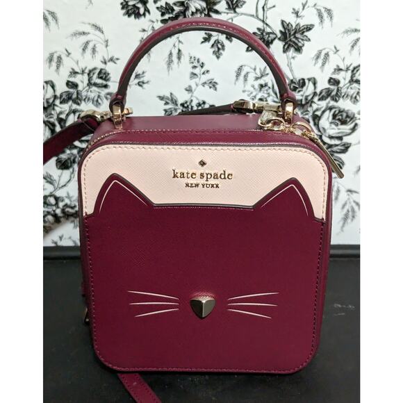 NWOT Kate Spade Daisy Vanity Meow Cat Leather Crossbody Bag Burgundy Small - Picture 4 of 7